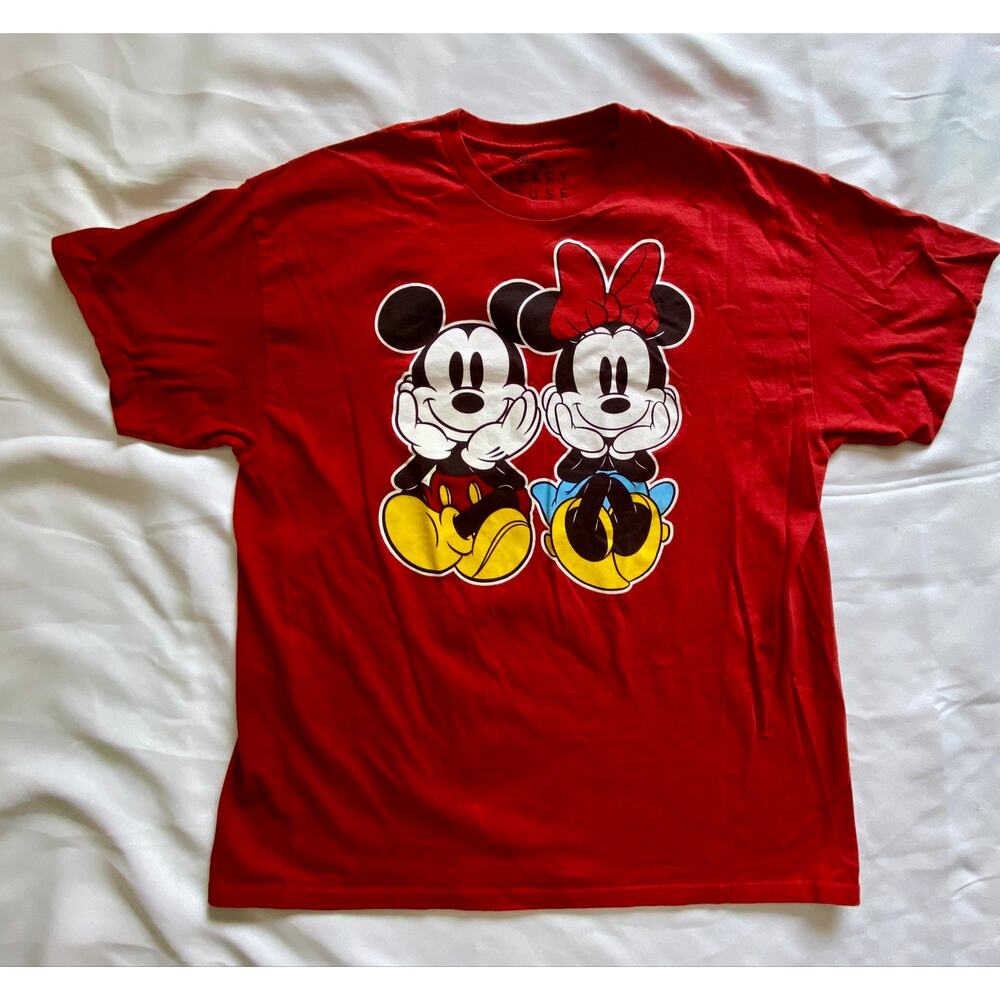 Disney Mickey & Minnie Mouse T-Shirt XL Red Double Sided Graphic 100% Cotton